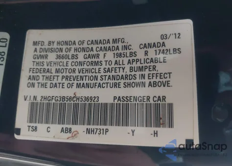 2012 Honda Civic Lx z USA, uszkodzony, nr VIN 2HGFG3B56CH536923